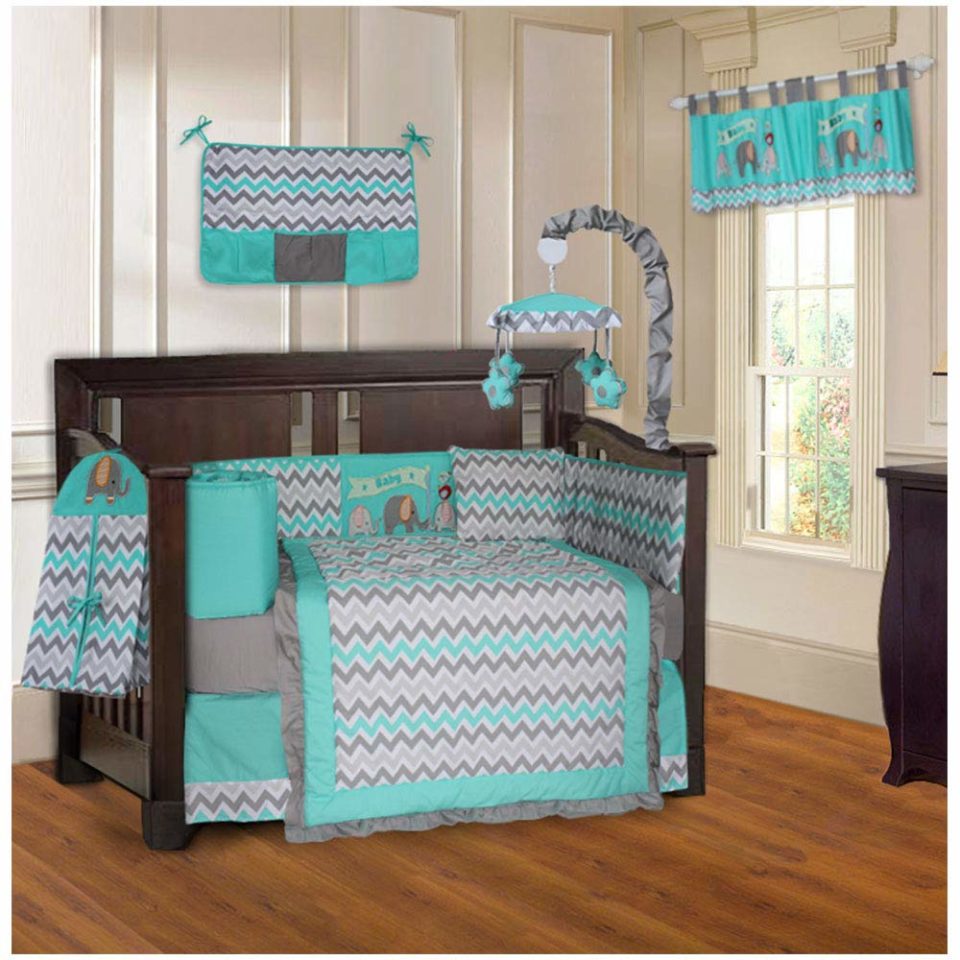 BabyFad Elephant Chevron Turquoise 10 Piece Baby Crib Bedding Set